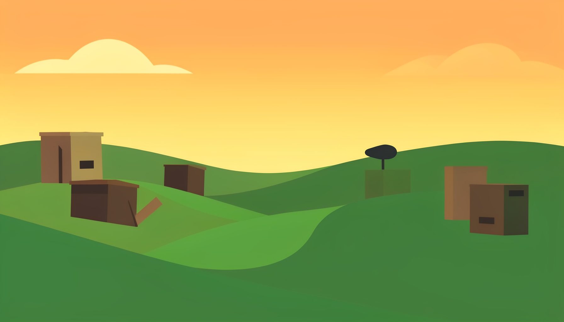 A flat vector illustration of a stylized paintball field with rolling green terrain, scattered bunkers, and a warm golden sky at dusk