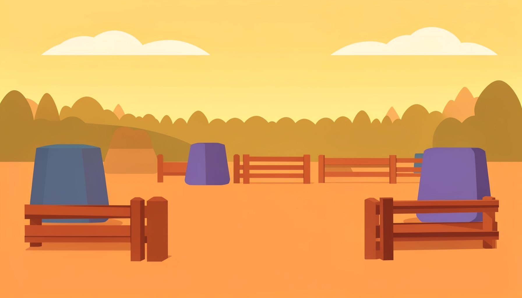 Flat vector illustration of a paintball field with scattered inflatable bunkers, wooden barricades, and a distant tree line under a warm golden sky
