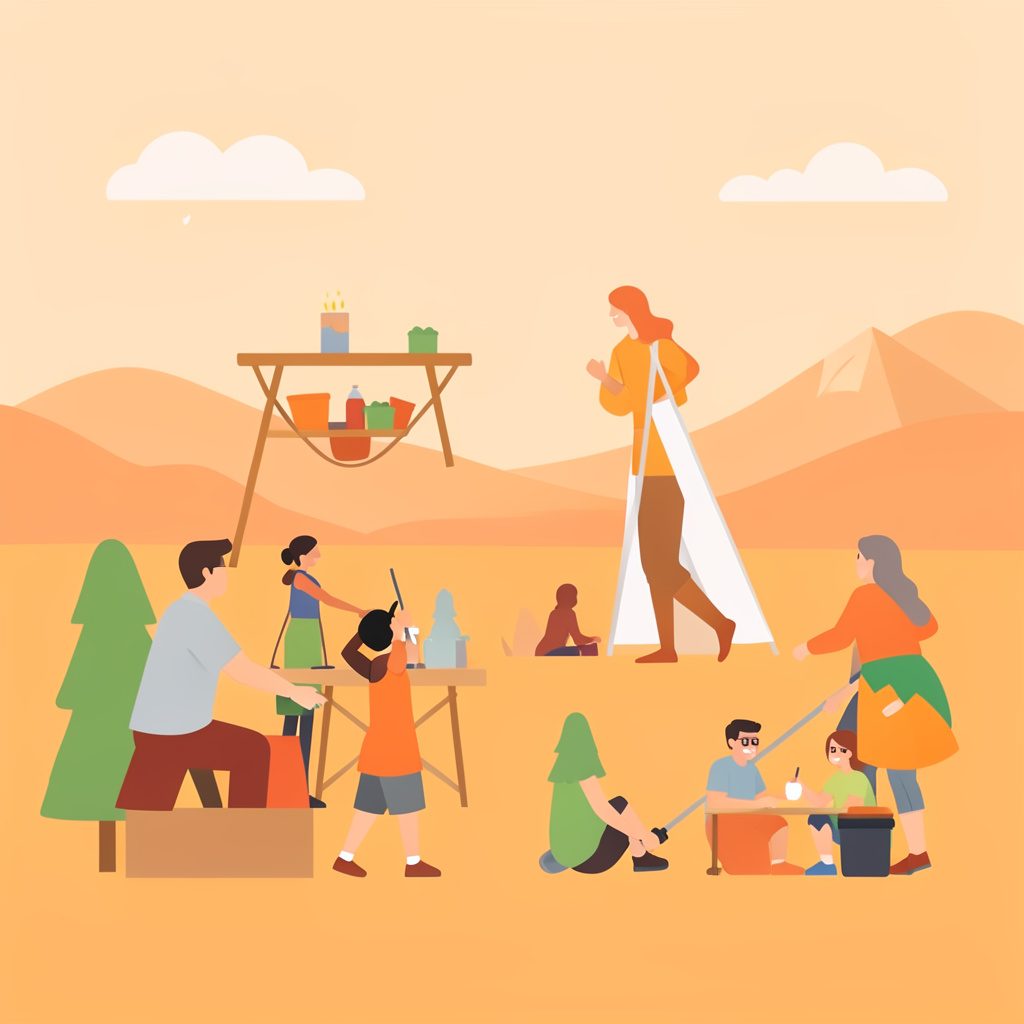 Flat vector illustration of a birthday party and outdoor adventure scene in warm brown and mustard tones