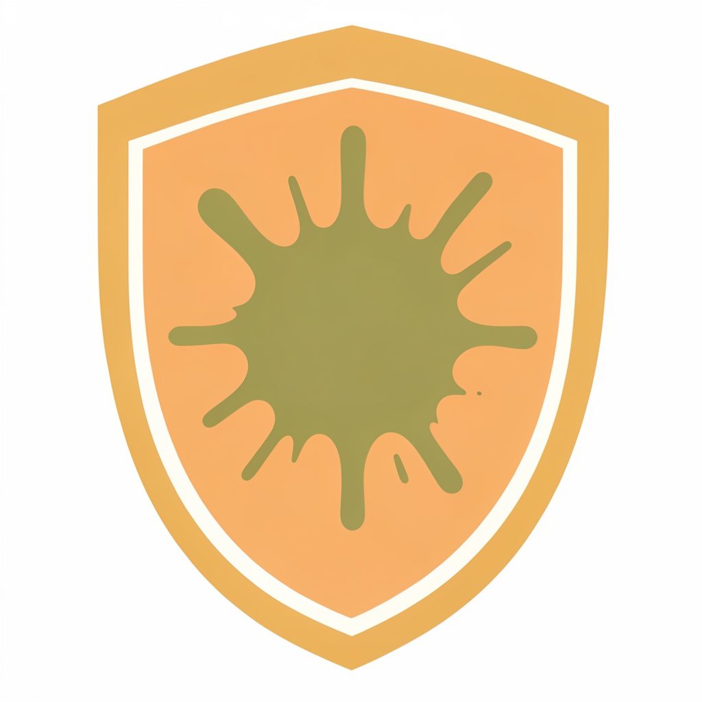 A flat vector illustration of a shield emblem with a paintball splat motif, in olive green, mustard, and cream