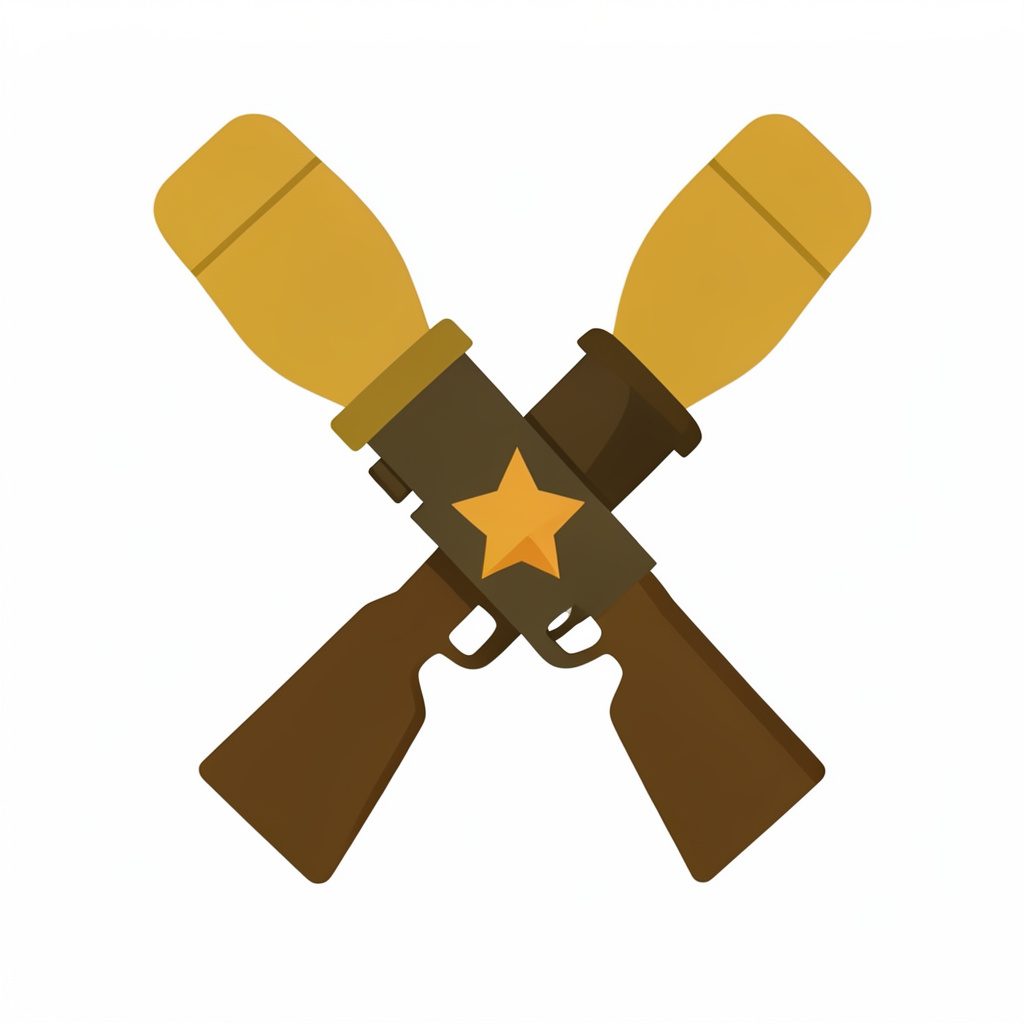 A flat vector illustration of two crossed paintball markers with a star badge, in mustard gold and dark espresso tones