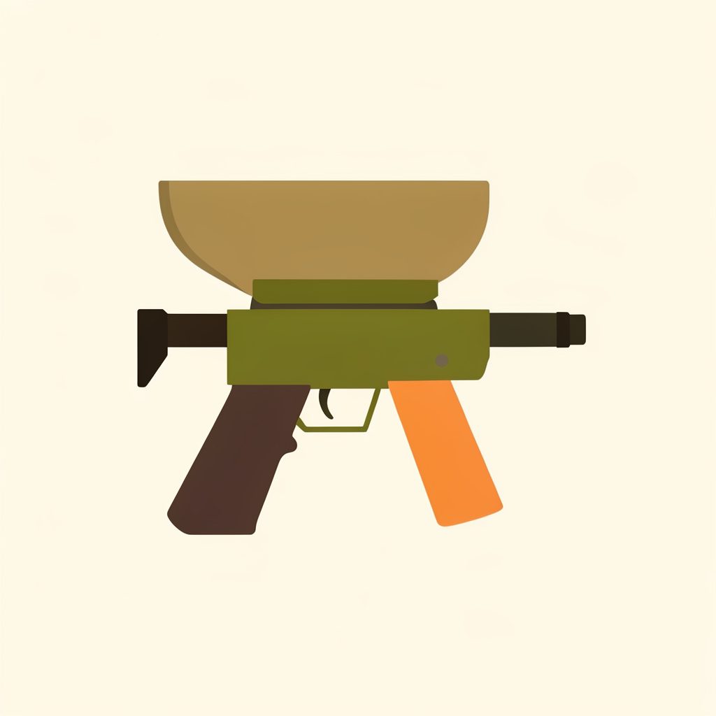 A flat vector illustration of a single paintball marker with a hopper, in olive green and dark brown against a cream background