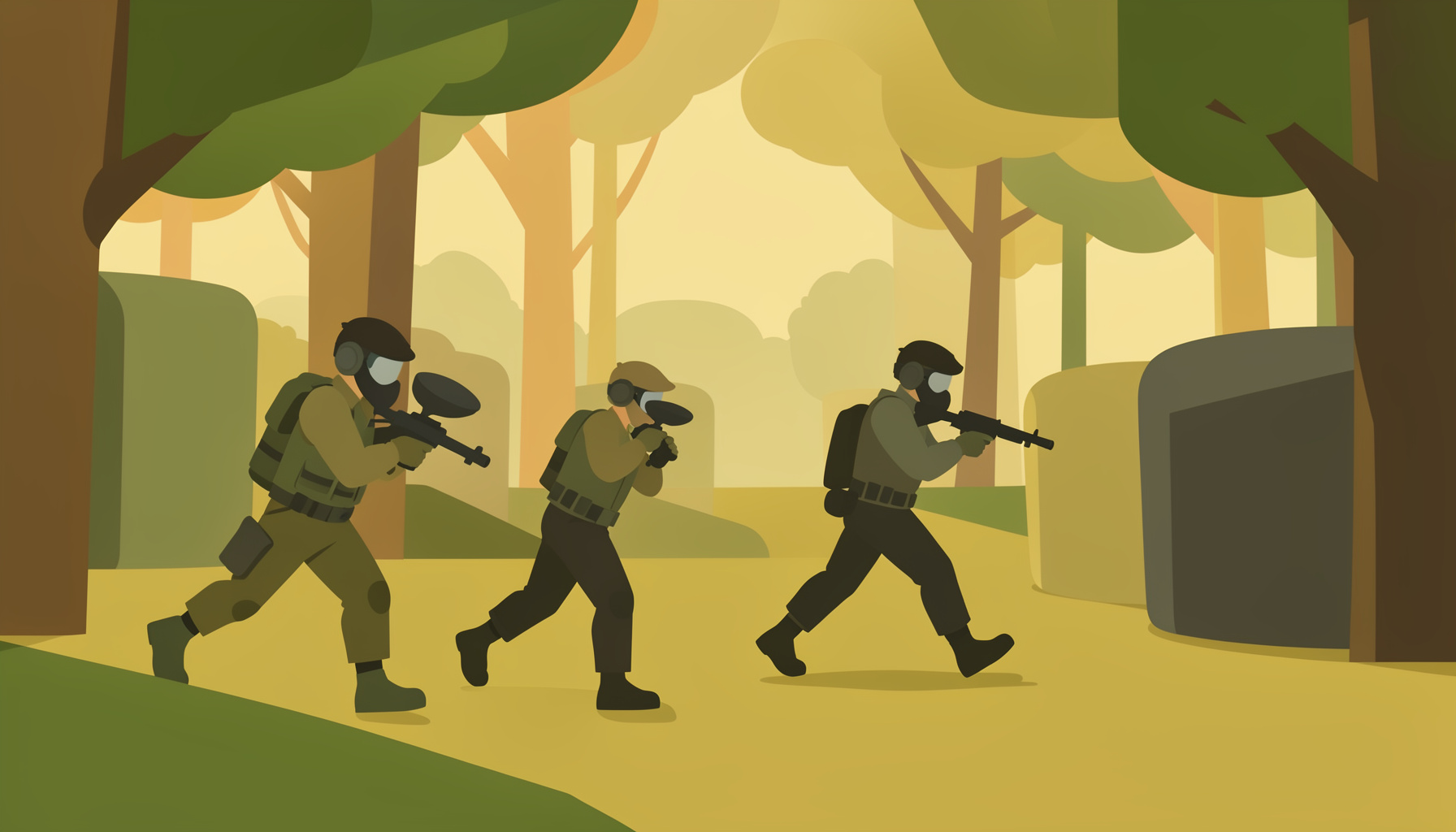 A flat vector illustration of paintball players in action gear moving through a wooded field with inflatable bunkers, rendered in earthy greens, browns, and warm gold tones