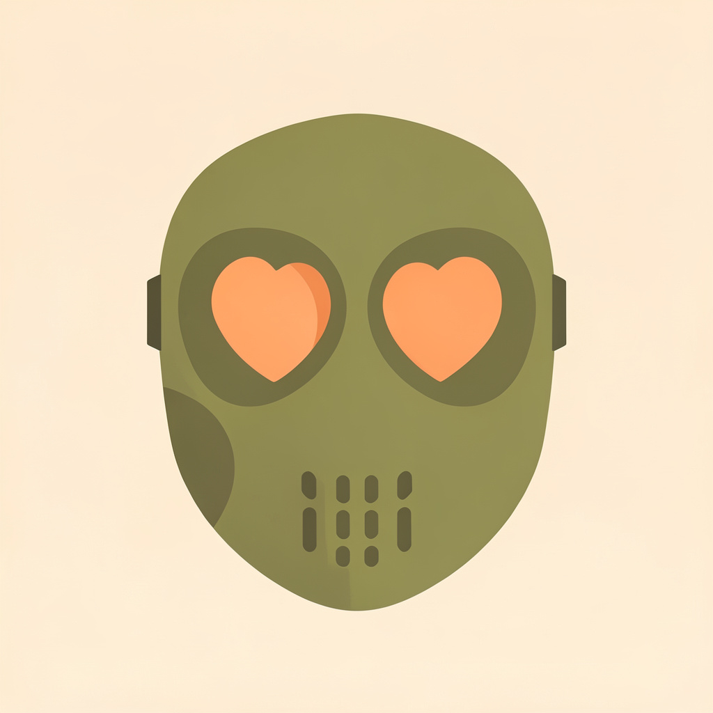 A flat vector illustration of a paintball mask with a heart shape in the lens reflection, olive green and cream palette