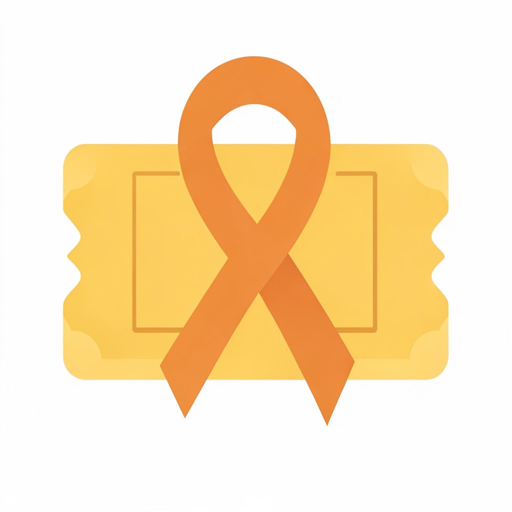 A flat vector illustration of a golden ticket with a charitable ribbon, mustard and espresso tones