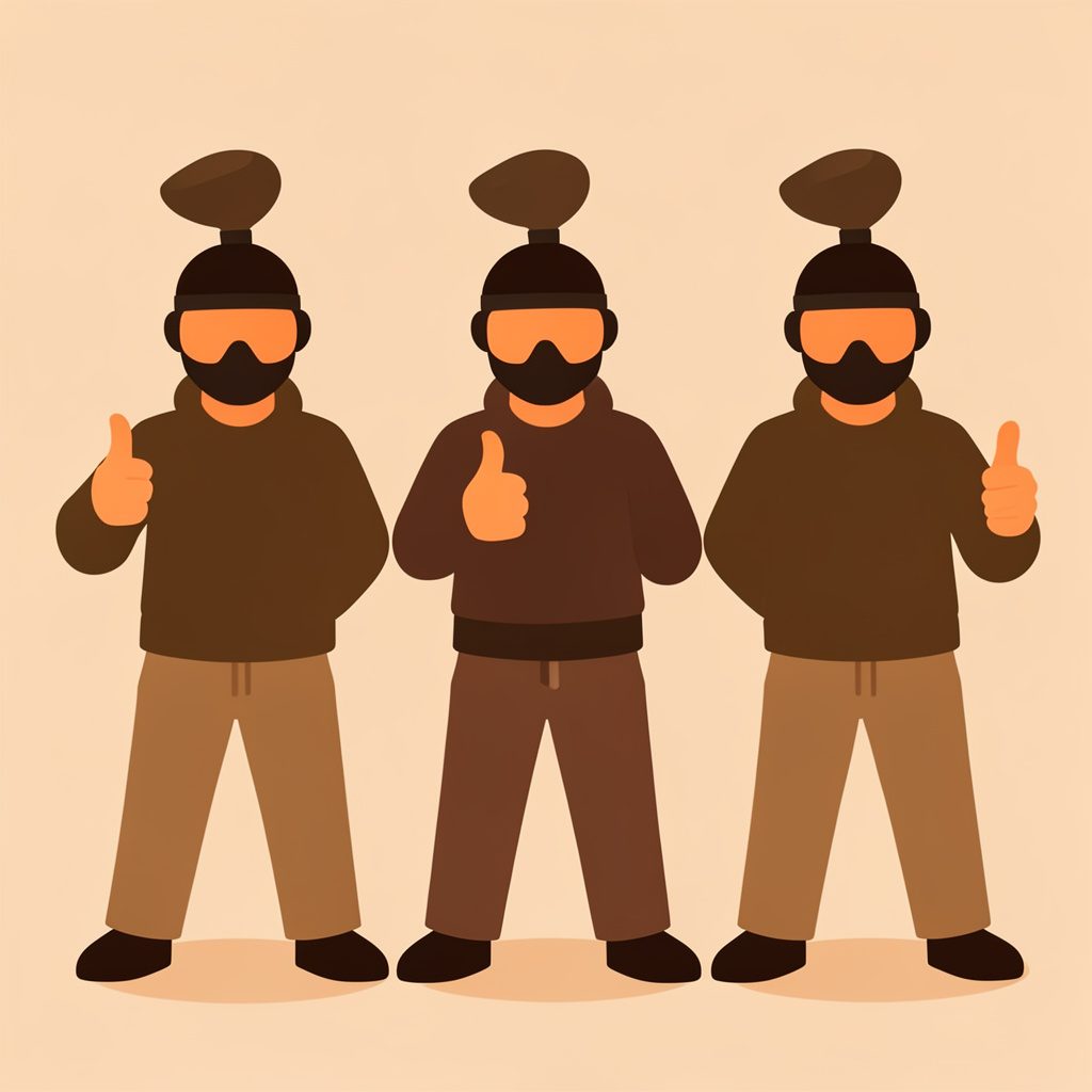 A flat vector illustration of three paintball players giving a thumbs-up, warm parchment and dark brown tones