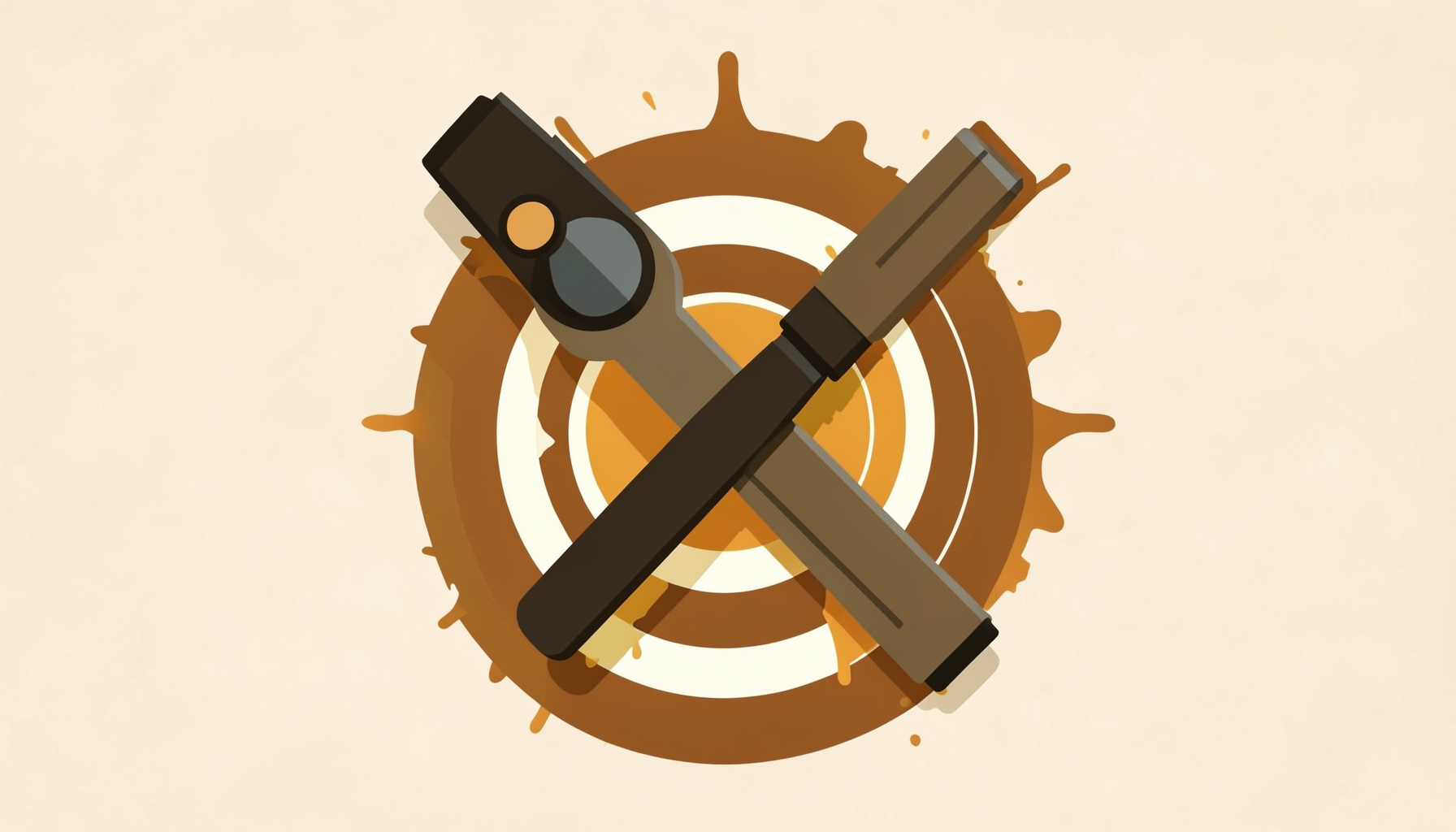 A flat vector illustration of a paintball mask and marker crossed over a splattered target, in warm earthy browns, cream, and mustard tones against a parchment background.